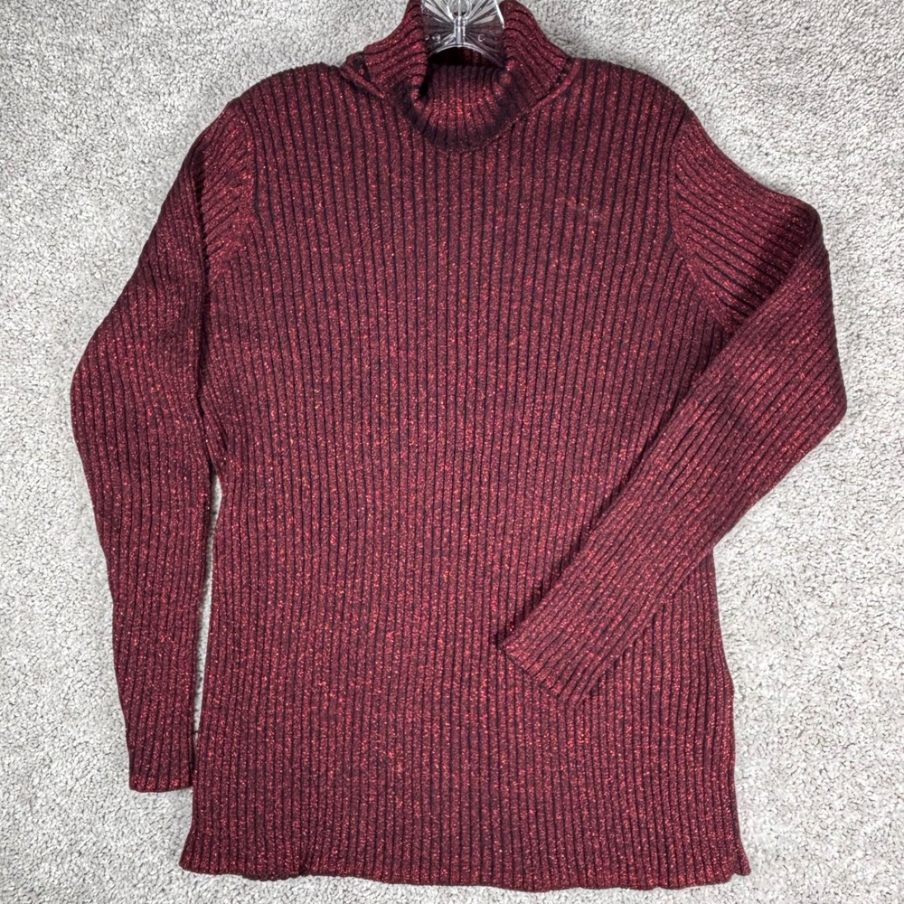 Womens‎ Red Glitter Knit Turtleneck Sweater Long Sleeve Ribbed Cozy Size Medium